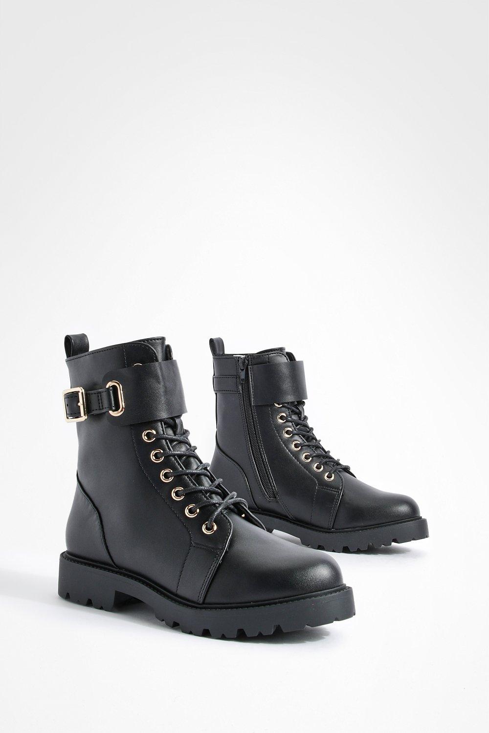 Wide Width Buckle Detail Lace Up Combat Boots