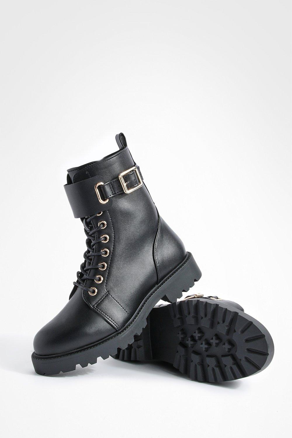 Wide Width Buckle Detail Lace Up Combat Boots