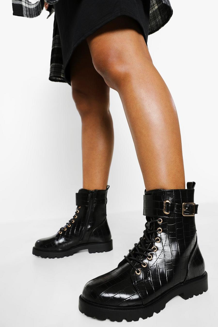 Black Wide Width Buckle Detail Lace Up Combat Boots image number 1