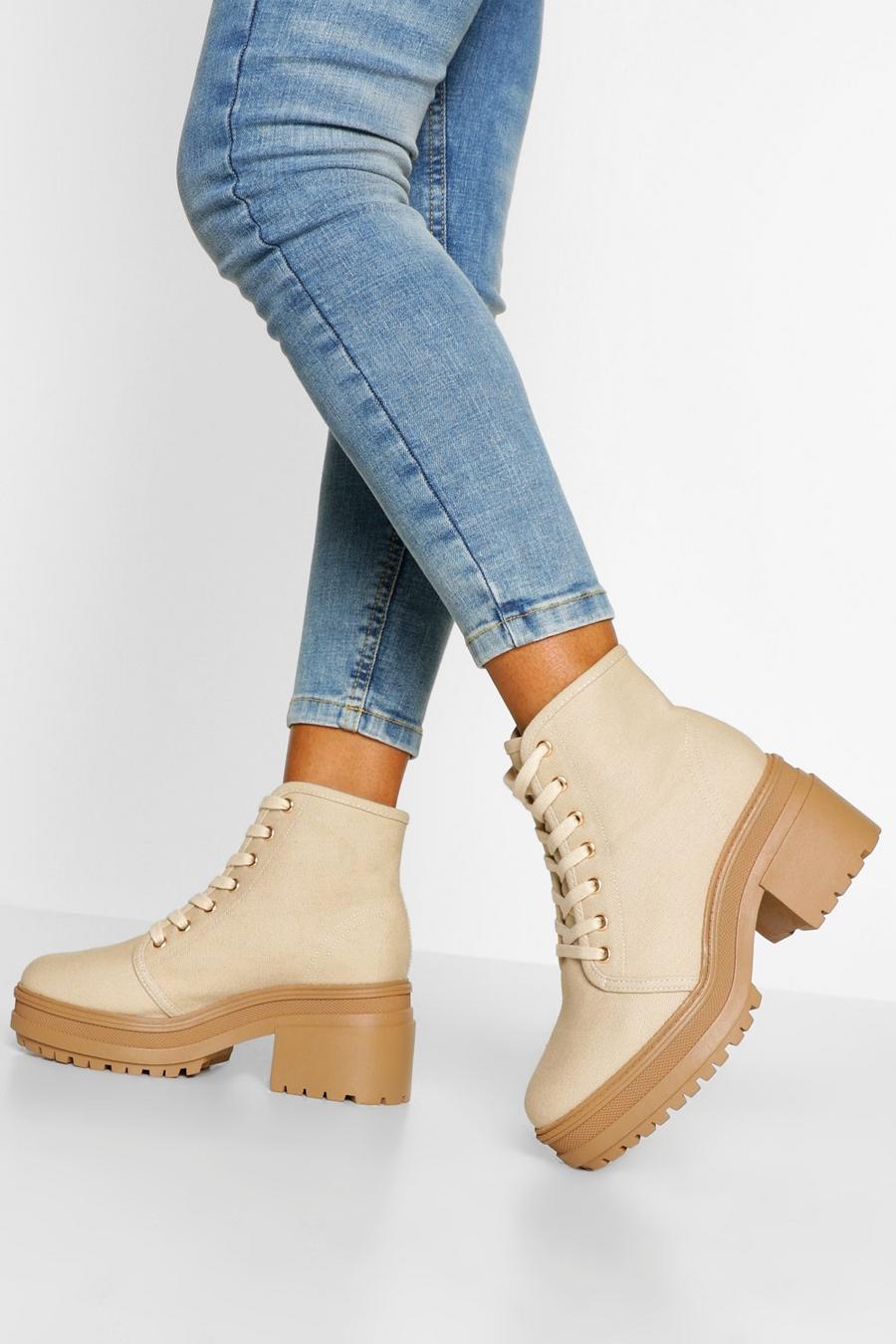 Beige Wide Fit Chunky Lace Up Hiker Boots image number 1