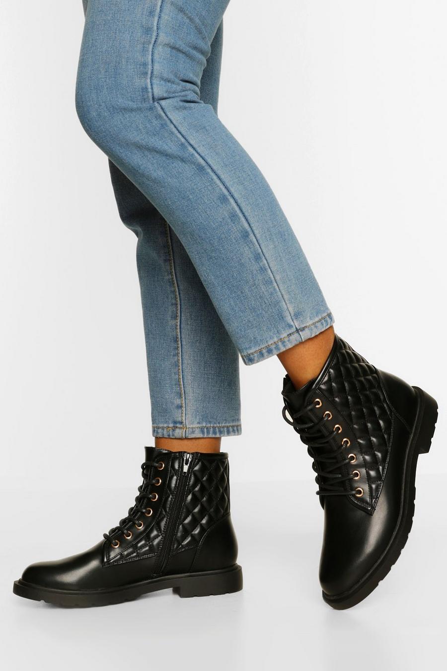 Black Quilted Lace Up Combat Boots image number 1