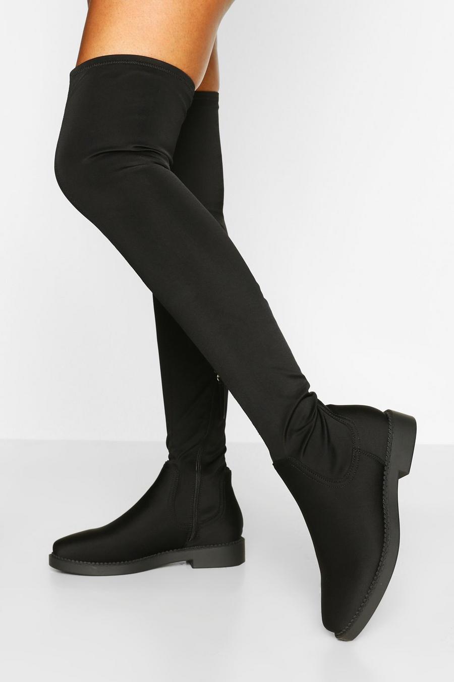 Black svart Flat Stretch Over The Knee Boots