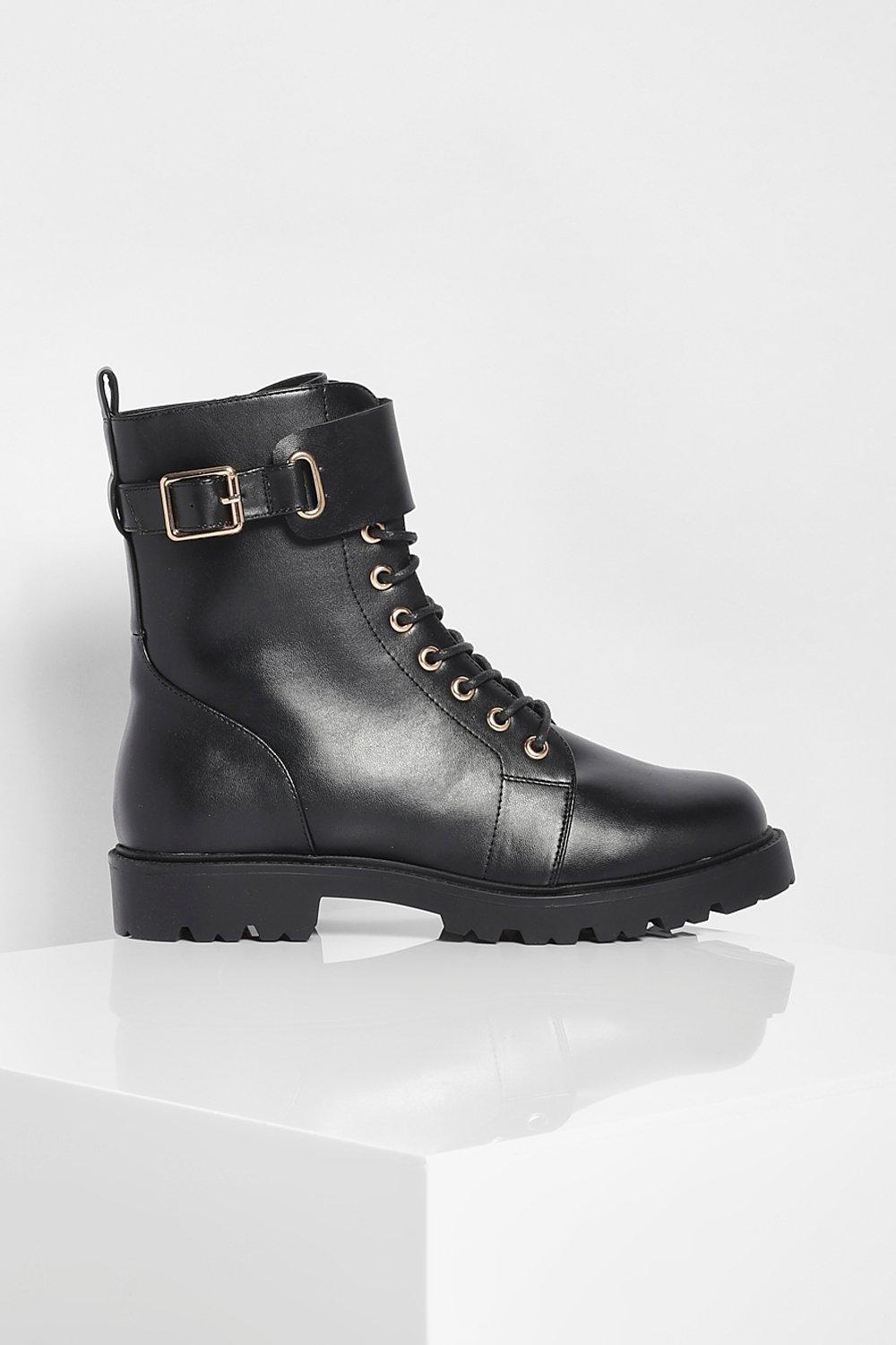 Buckle Detail Lace Up Biker Boots | boohoo