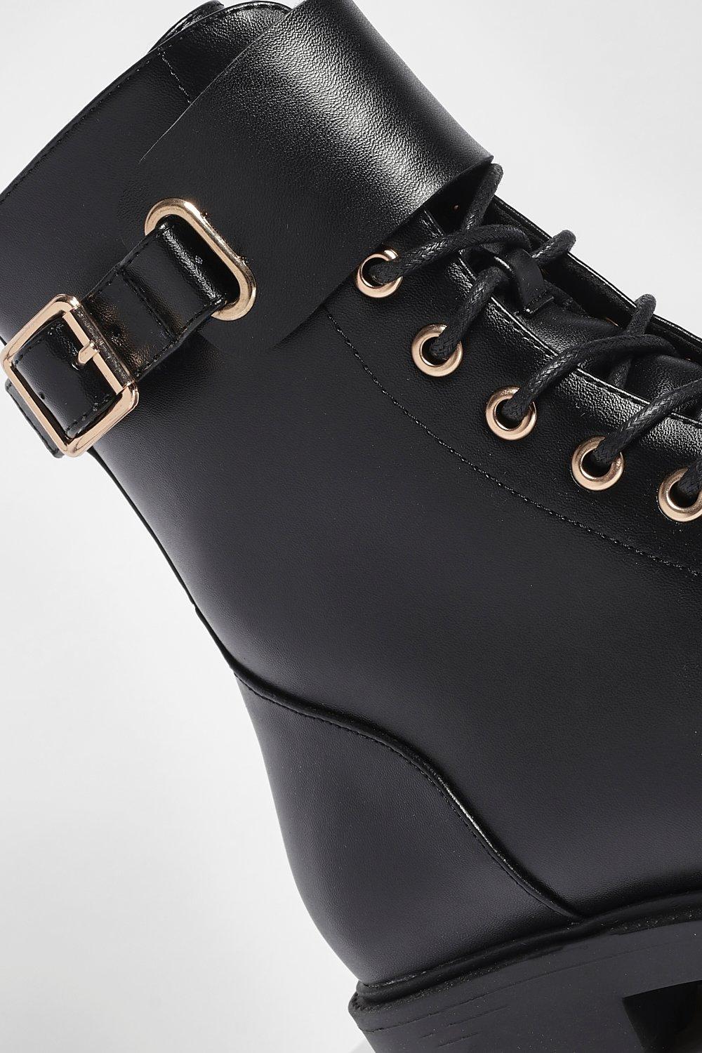 Buckle Detail Lace Up Biker Boots | boohoo