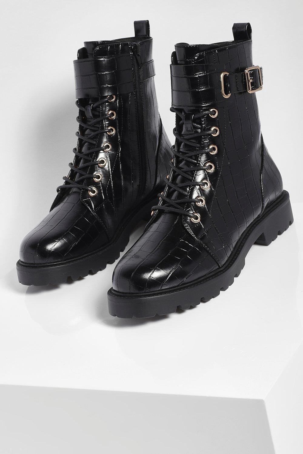 Lace Up Buckle Detail Boots Black, Boots