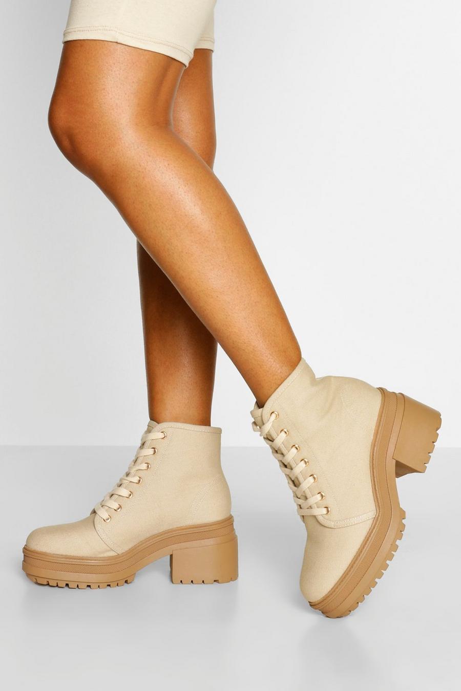 Beige Chunky Lace Up Block Heel Combat Boots image number 1