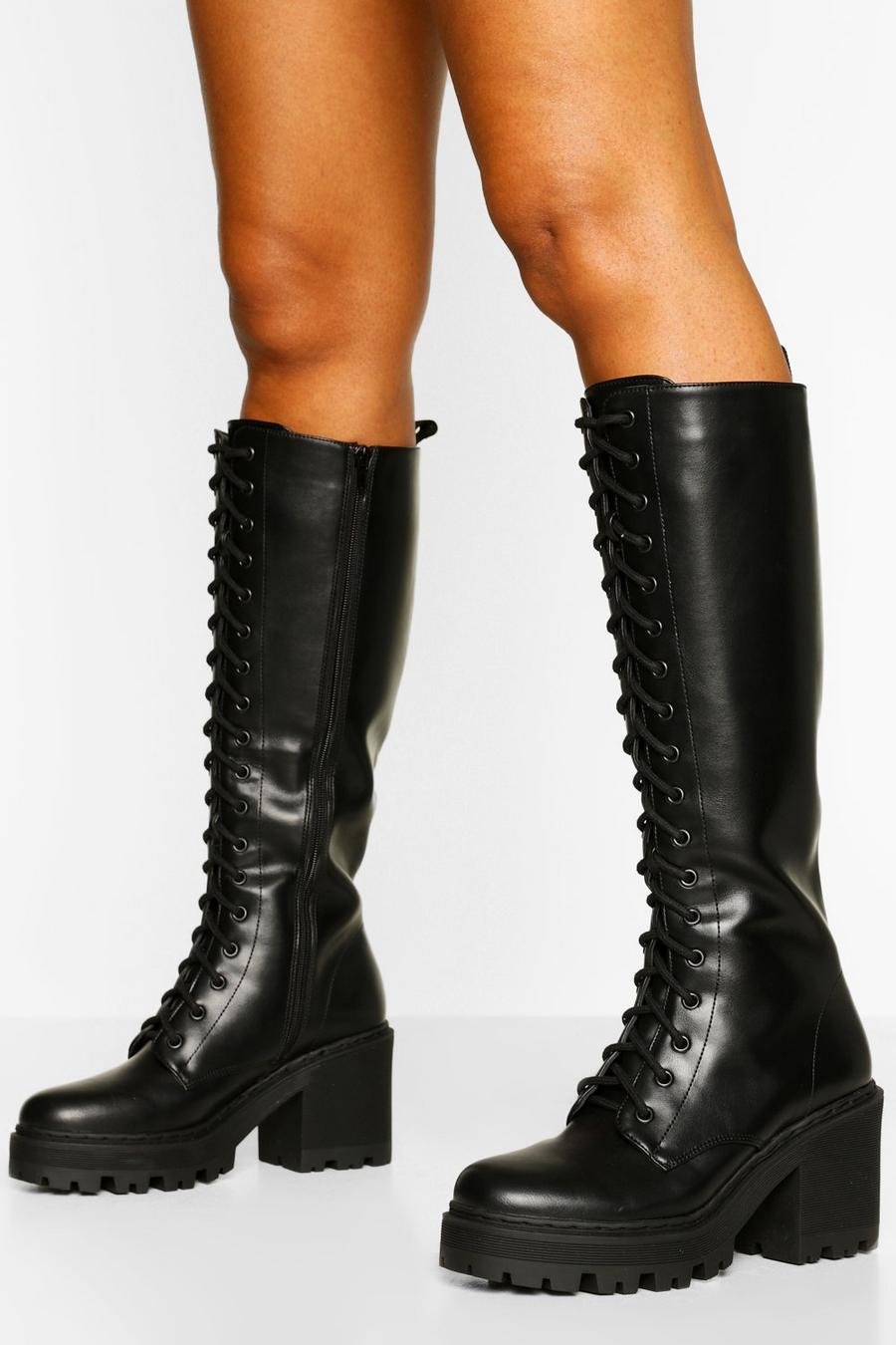 Black Knee High Lace Up Chunky Combat Boots image number 1