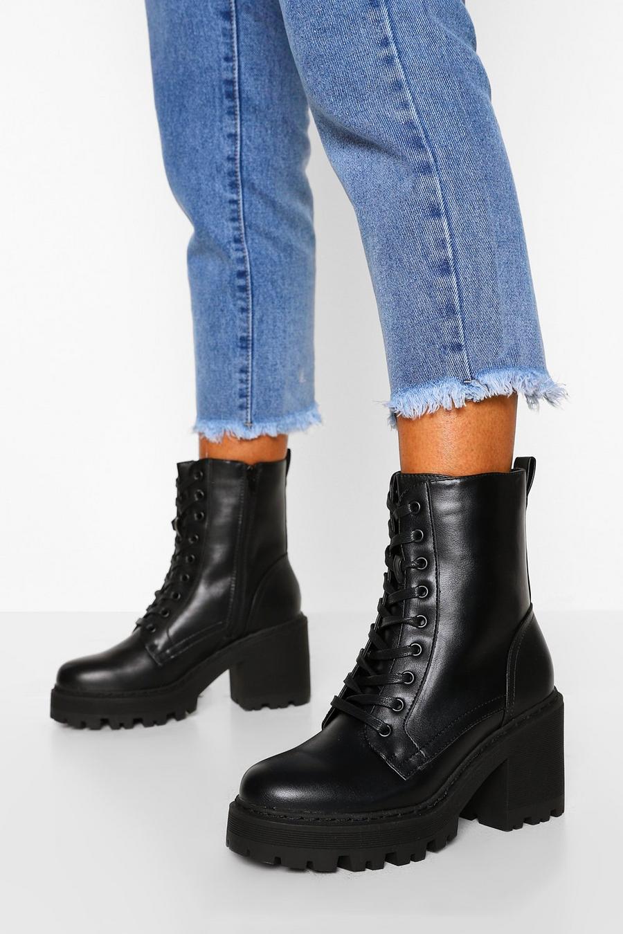 Black Lace Up Chunky Hiker Boots image number 1