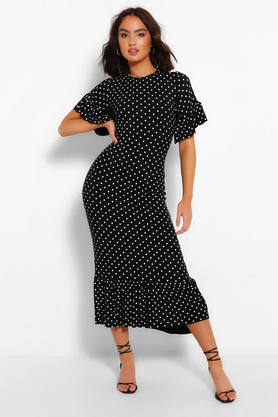 Black Polka Dot Frill Hem Midi Dress image number 1