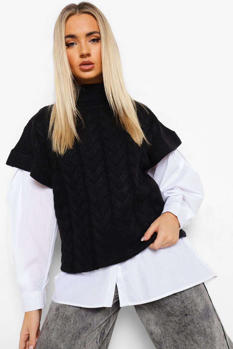 Black Roll Neck Cable Knit Tank image number 1