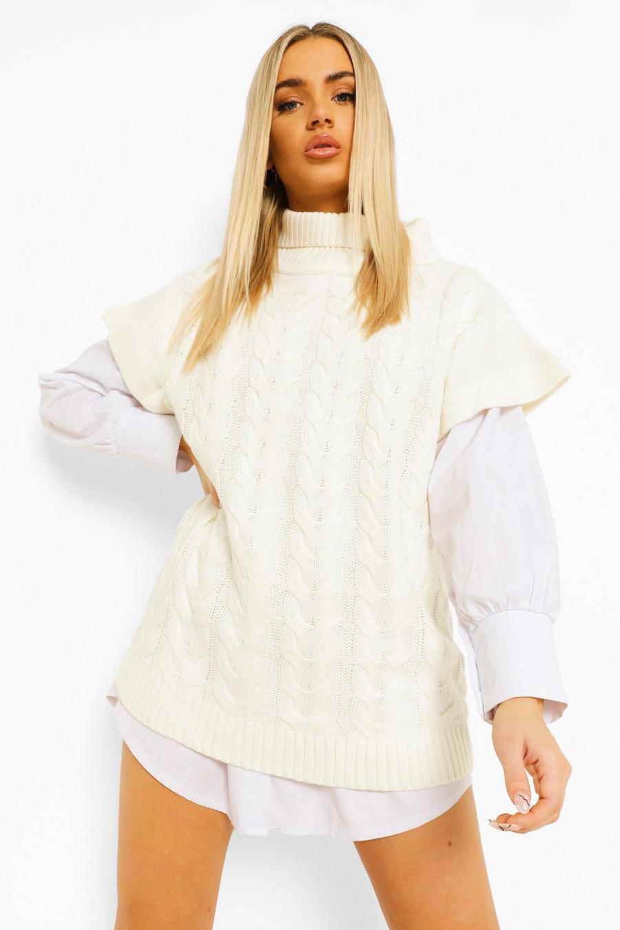 Cream Roll Neck Cable Knit Tank image number 1