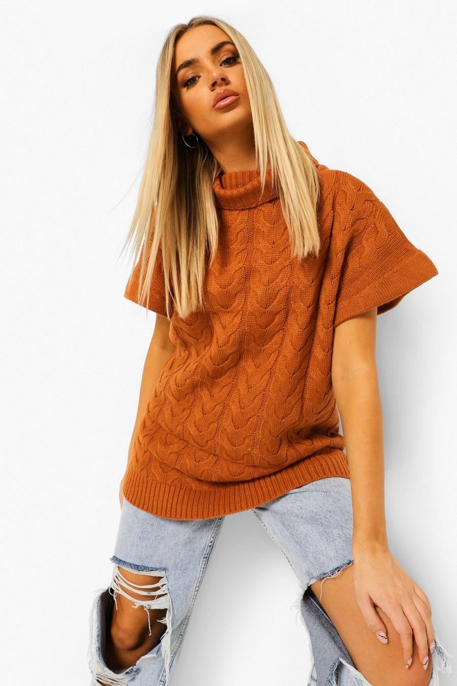 Rust Roll Neck Cable Knit Tank image number 1