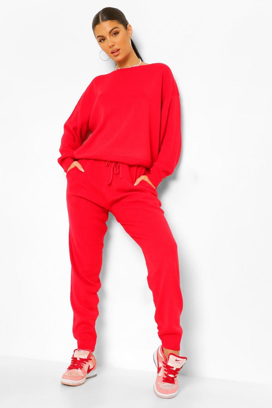 Berry Boat Neck Knitted Tracksuit image number 1