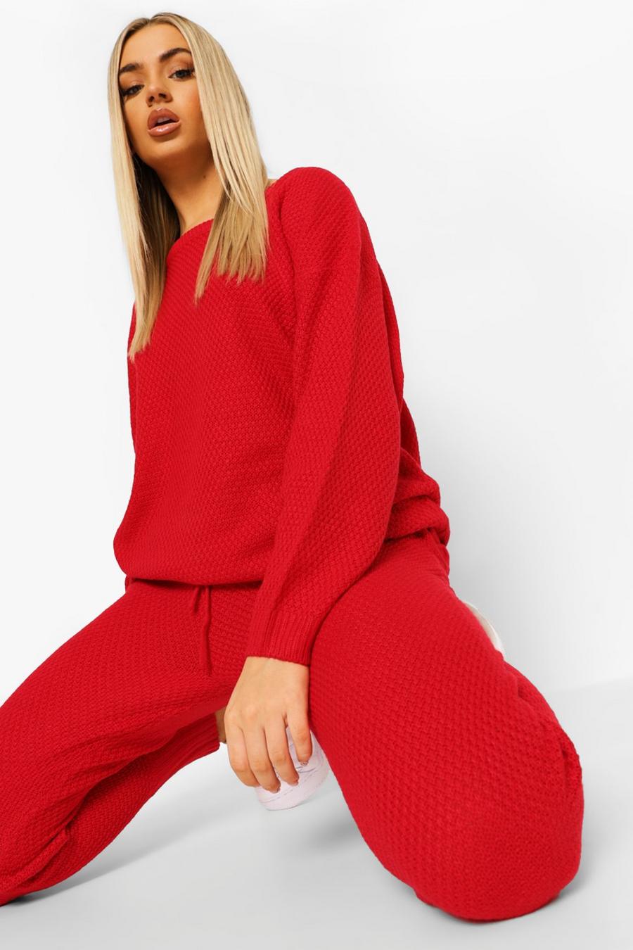 Berry Moss Stitch Knitted Tracksuit image number 1