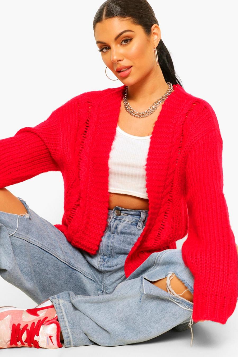 Berry Soft Knit Cable Cropped Cardigan image number 1