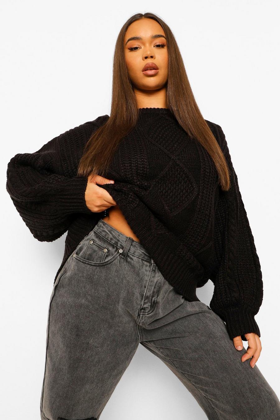 Black Oversized Cable Knitted Sweater image number 1
