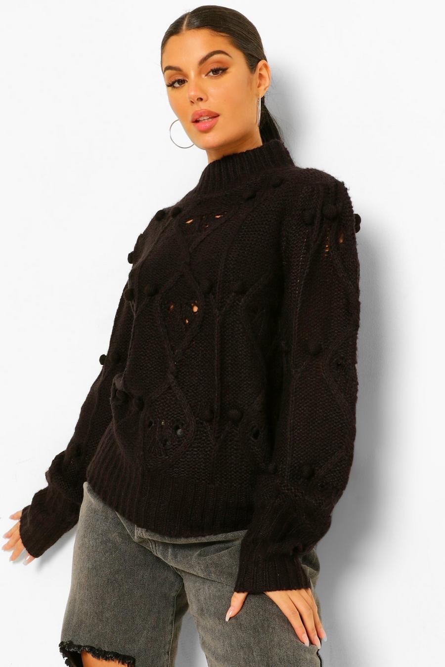 Black Soft Knit Pom Pom Sweater image number 1