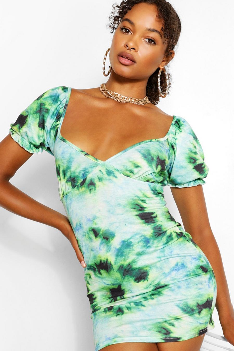 Green Miniklänning med batikmönster och puffärm image number 1