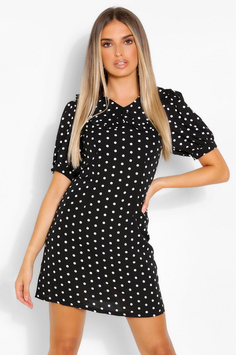 Kurzärmliges Mini-Kleid mit Kragen und Punktmuster, Schwarz image number 1