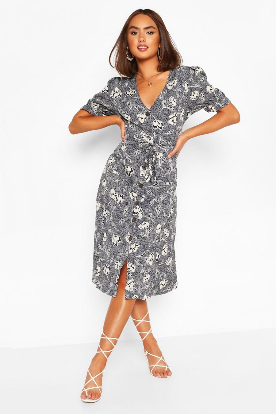 Navy Printed Button Thorugh Midi Dress image number 1