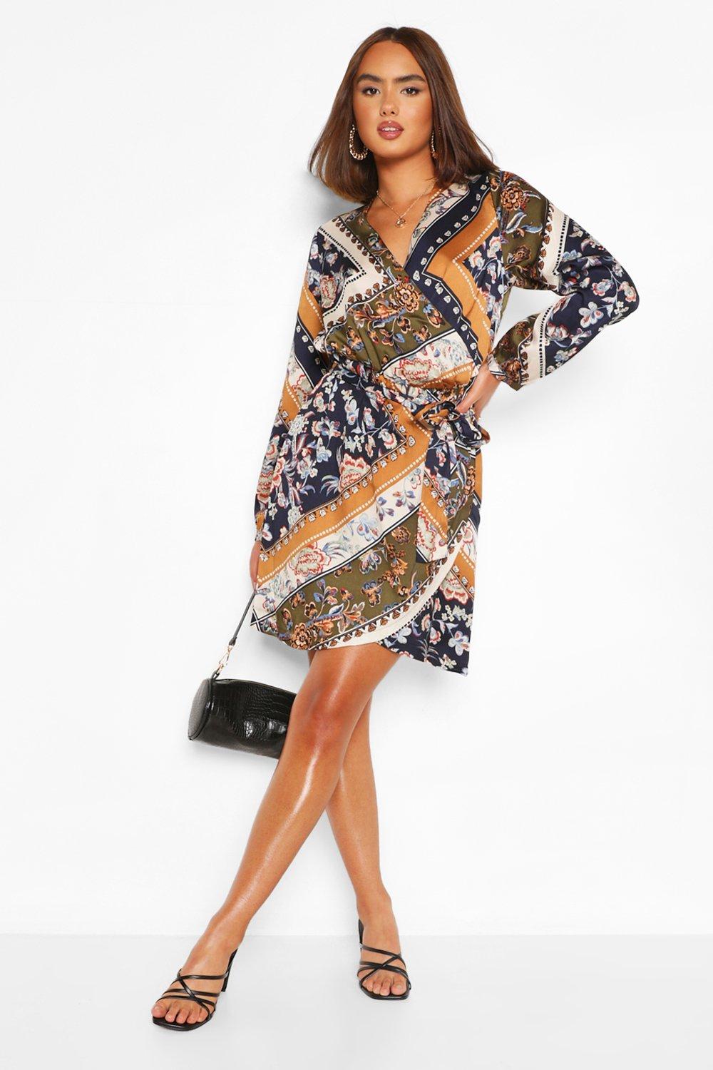 Boohoo wrap mini 2025 dress in scarf print