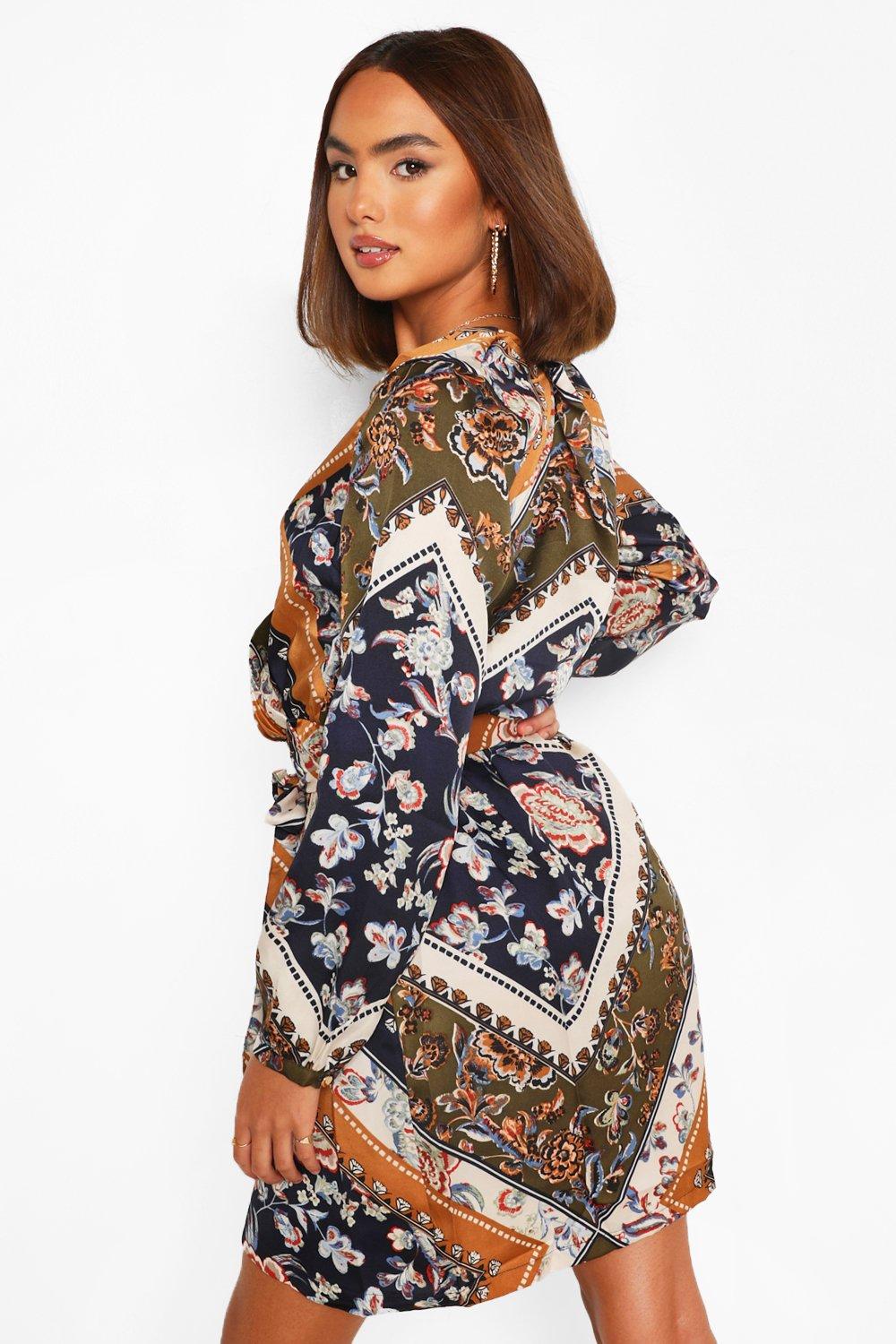 boohoo wrap mini dress in scarf print