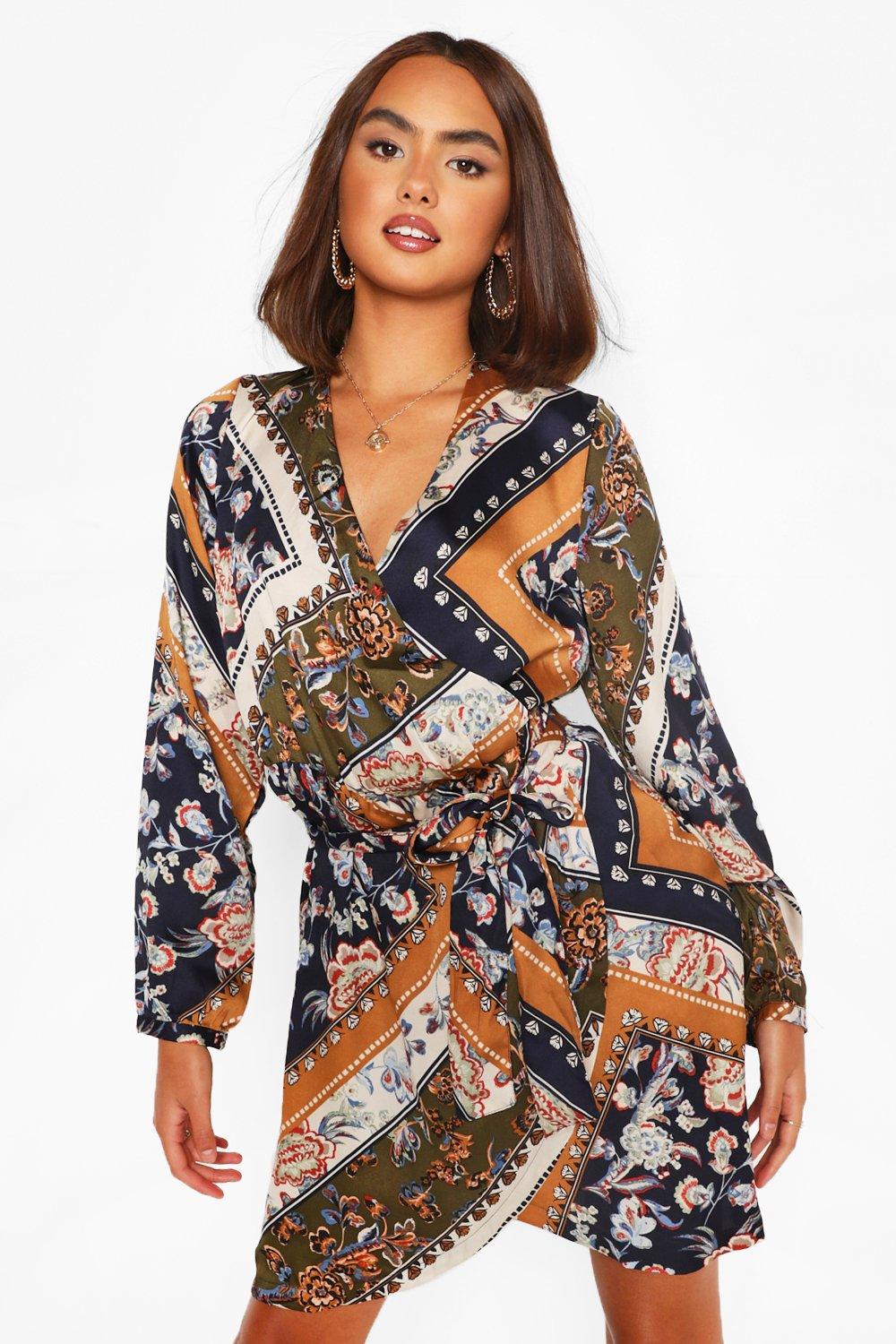 boohoo wrap mini dress in scarf print