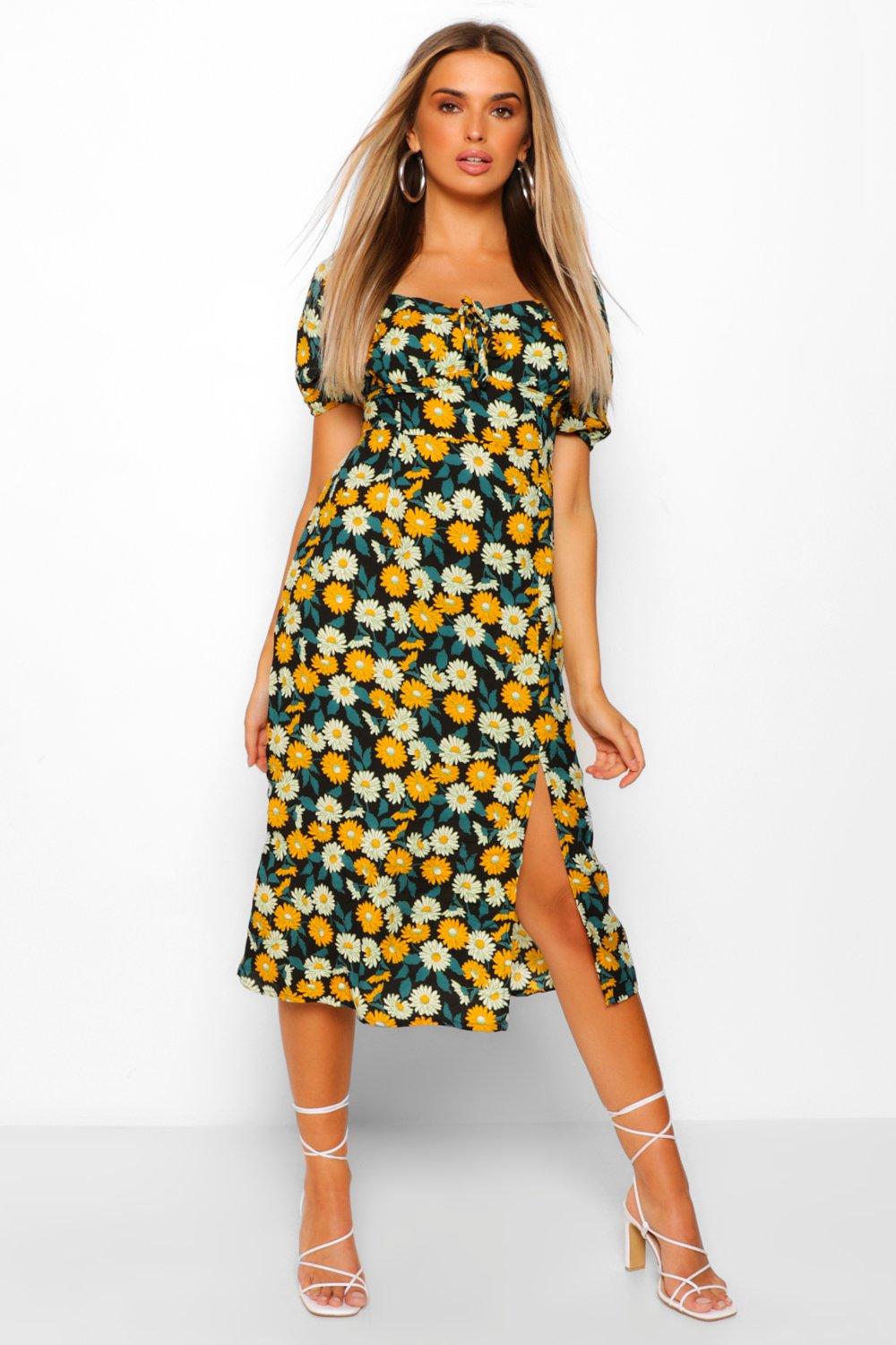 square neck yellow dress