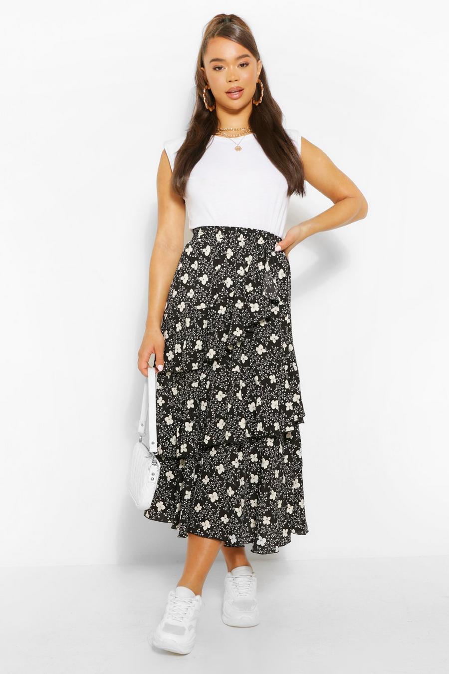 Black Floral Layered Floaty Midi Skirt image number 1
