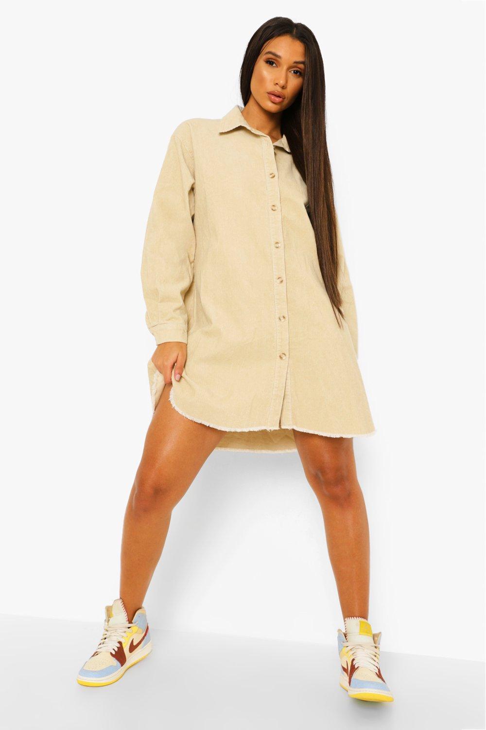 Cord Frayed Hem Shirt Dress boohoo DK