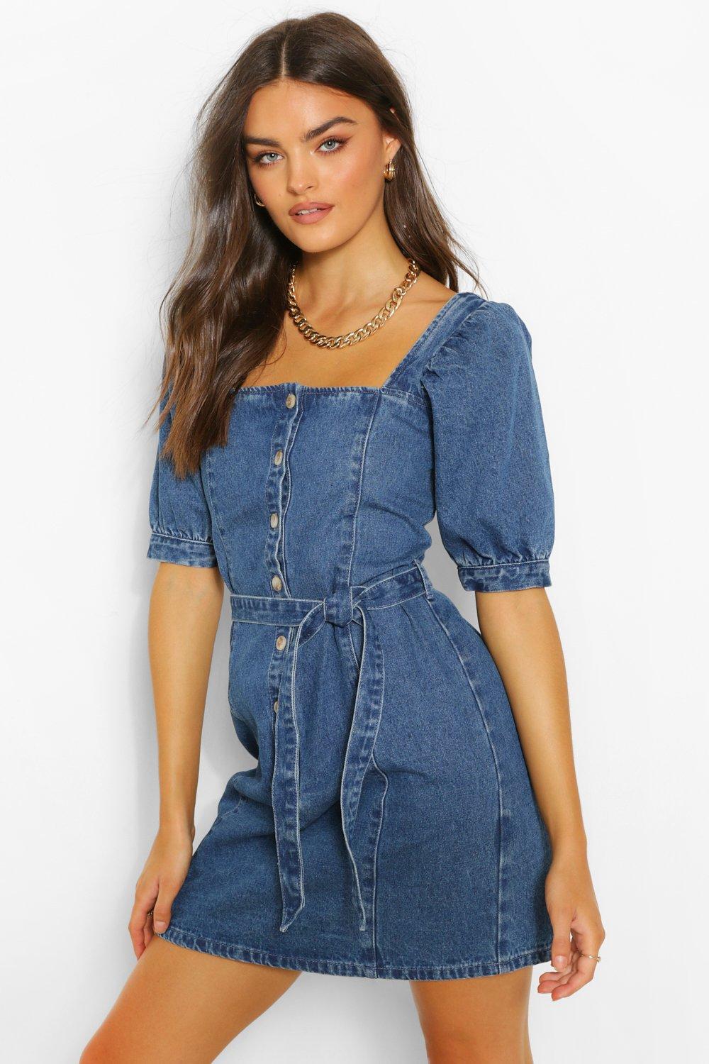 boohoo denim v neck dress with puff sleeve in white