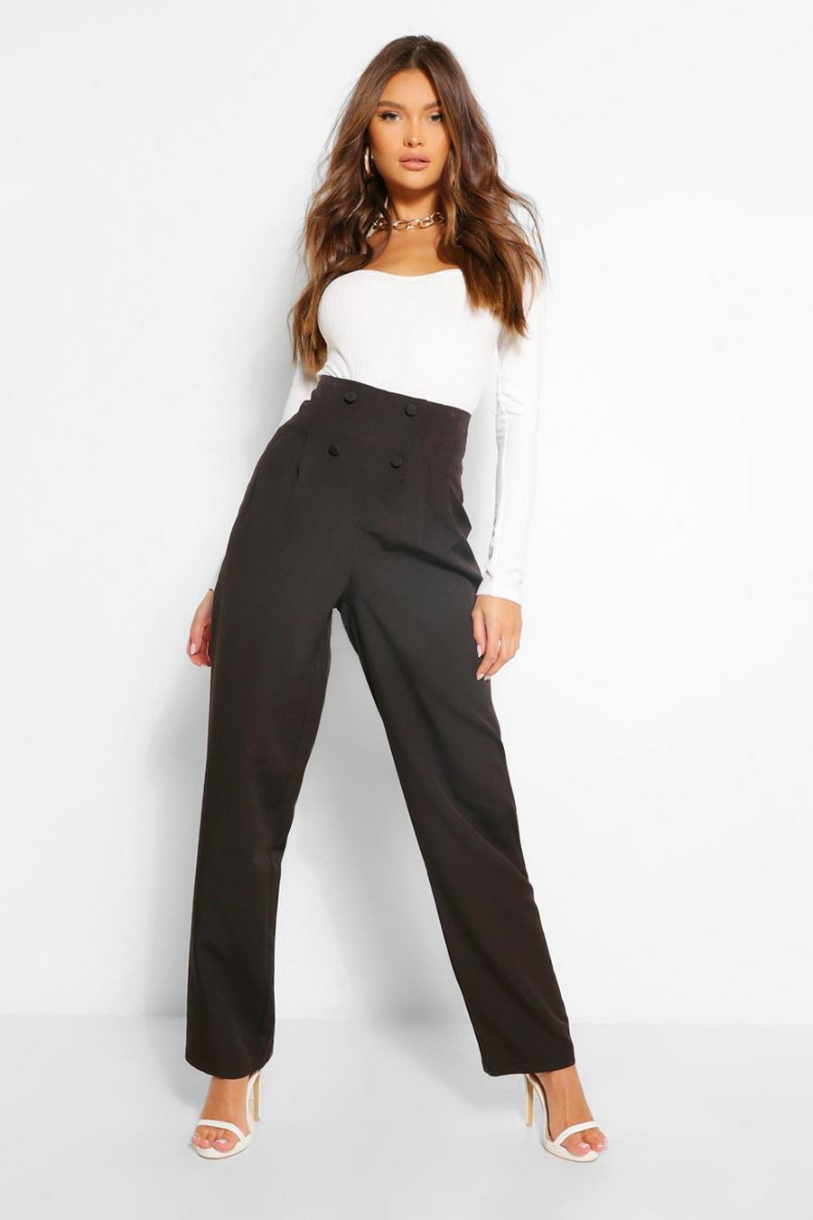 Black Button Front Pleat High Rise Straight Leg Pants image number 1