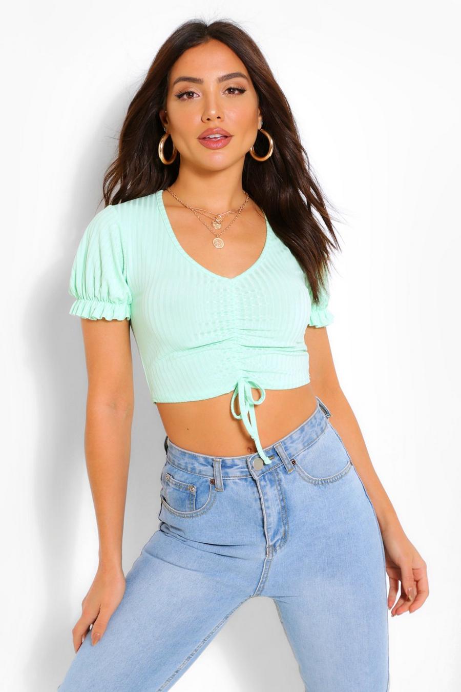 Mint Ruched Tie Front Ribbed Top image number 1