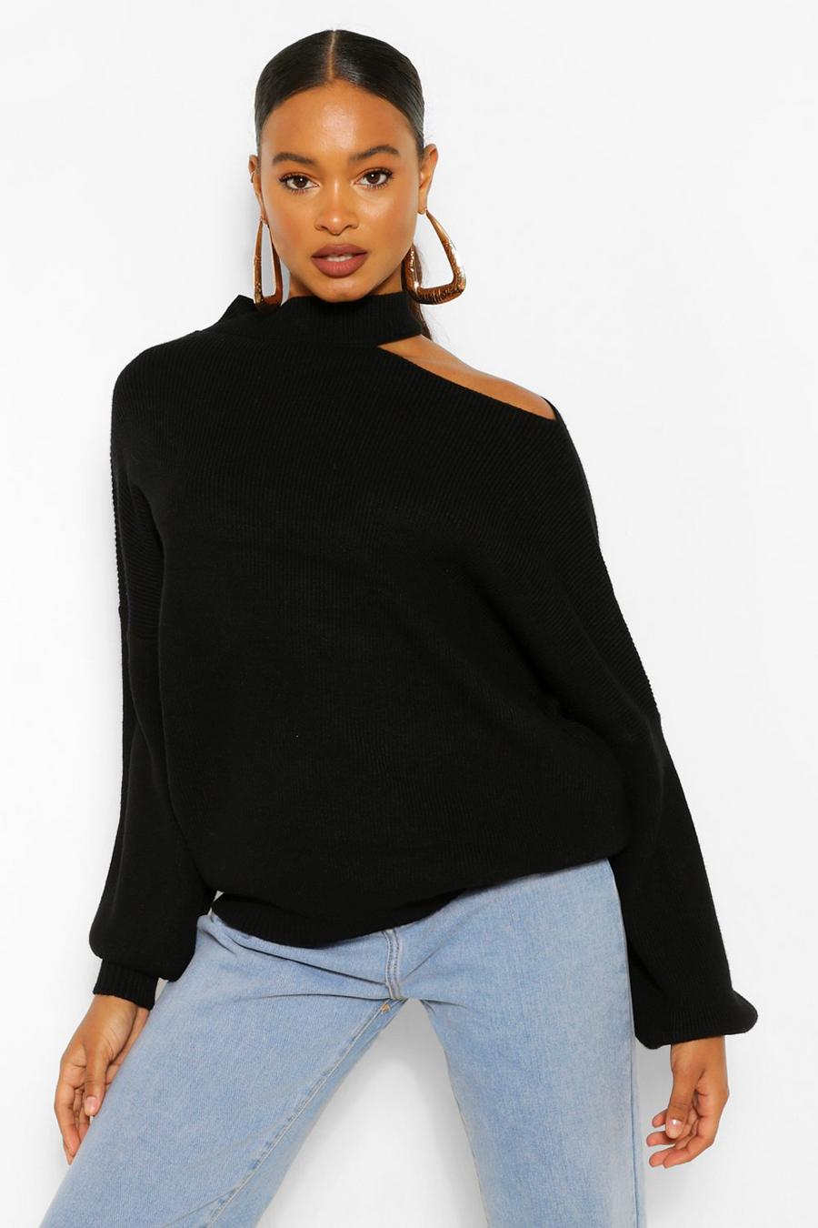 Black Cut Out Neckline Oversized Sweater image number 1
