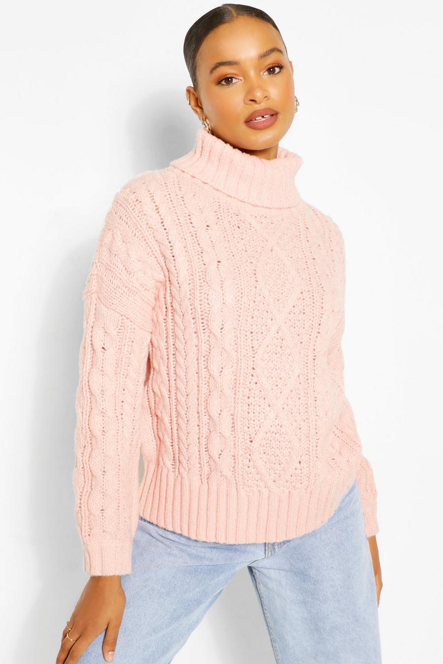 Apricot nude Roll Neck Cable Knit Jumper image number 1