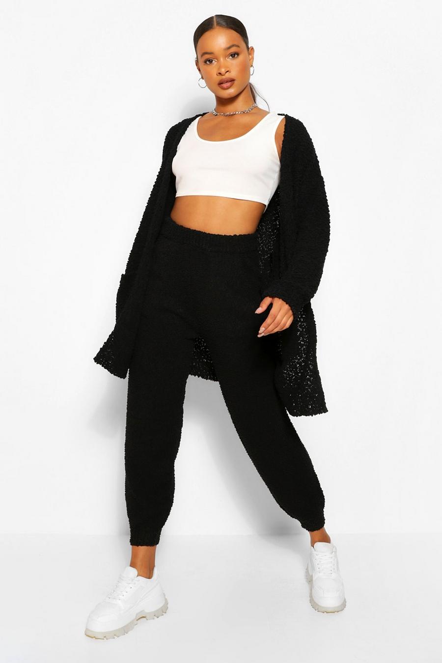 Black White Textured Knit Track Pants image number 1