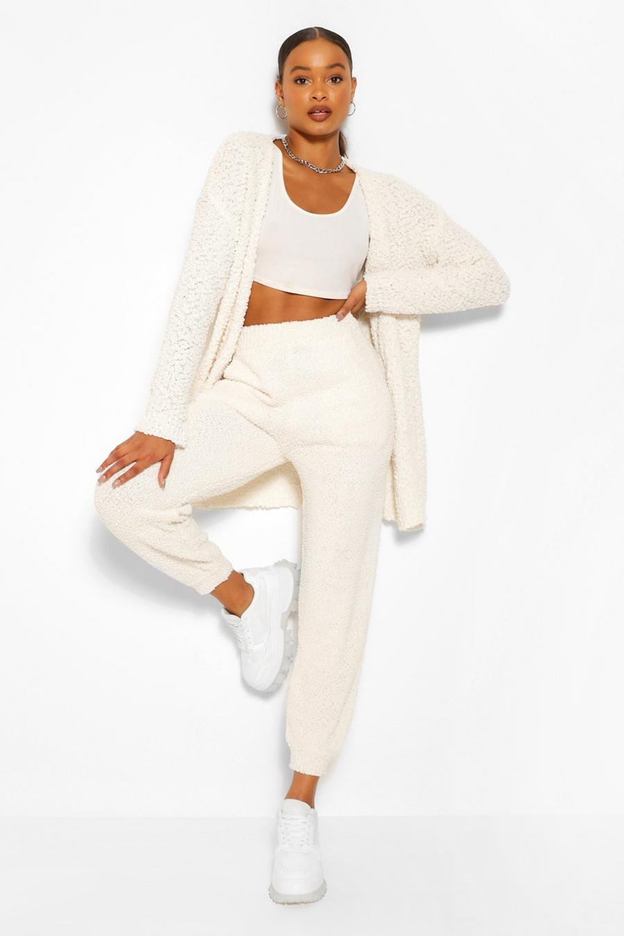 Cream White Textured Knit Track Pants image number 1
