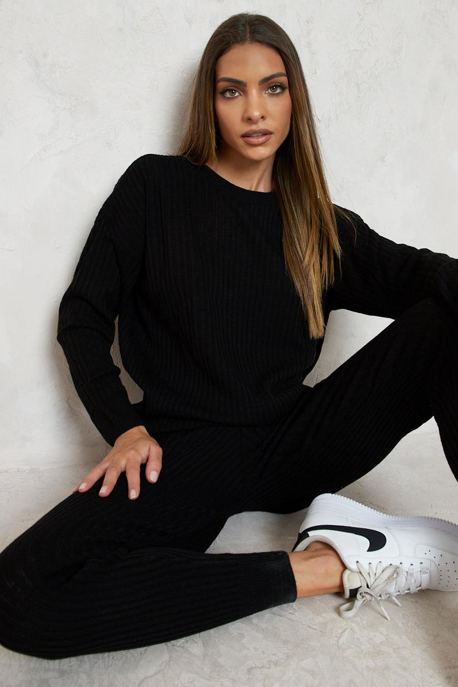 Black Slouchy Rib Knitted Tracksuit image number 1