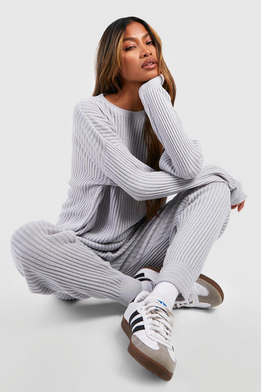 Grey Slouchy Rib Knitted Tracksuit image number 1