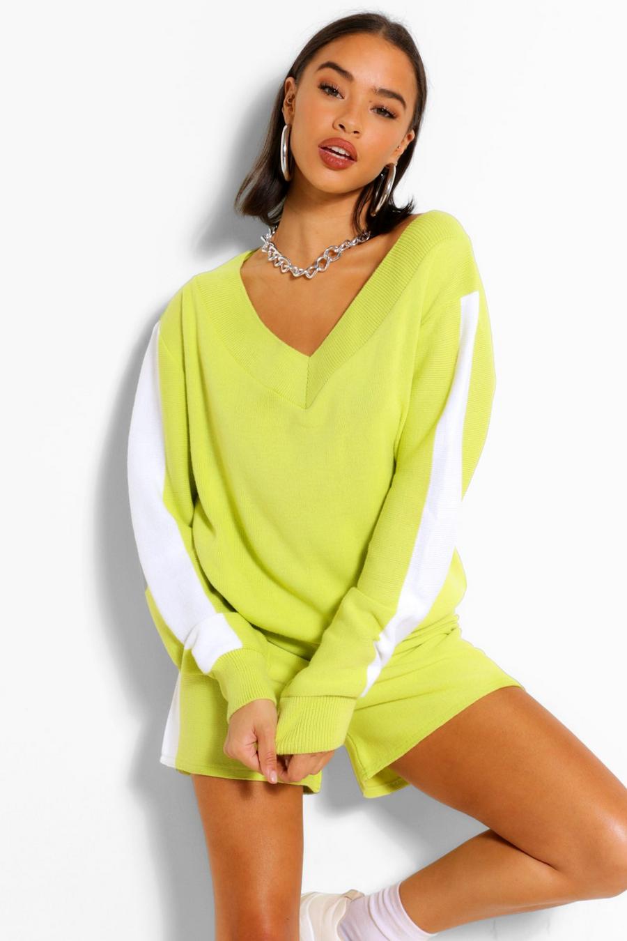 Soft lime Side Stripe Knitted Co-Ord image number 1