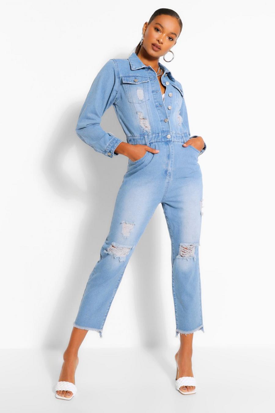 כחול ביניים סרבל ארוך מבד ג'ינס עם קרעים וגימור פרום image number 1