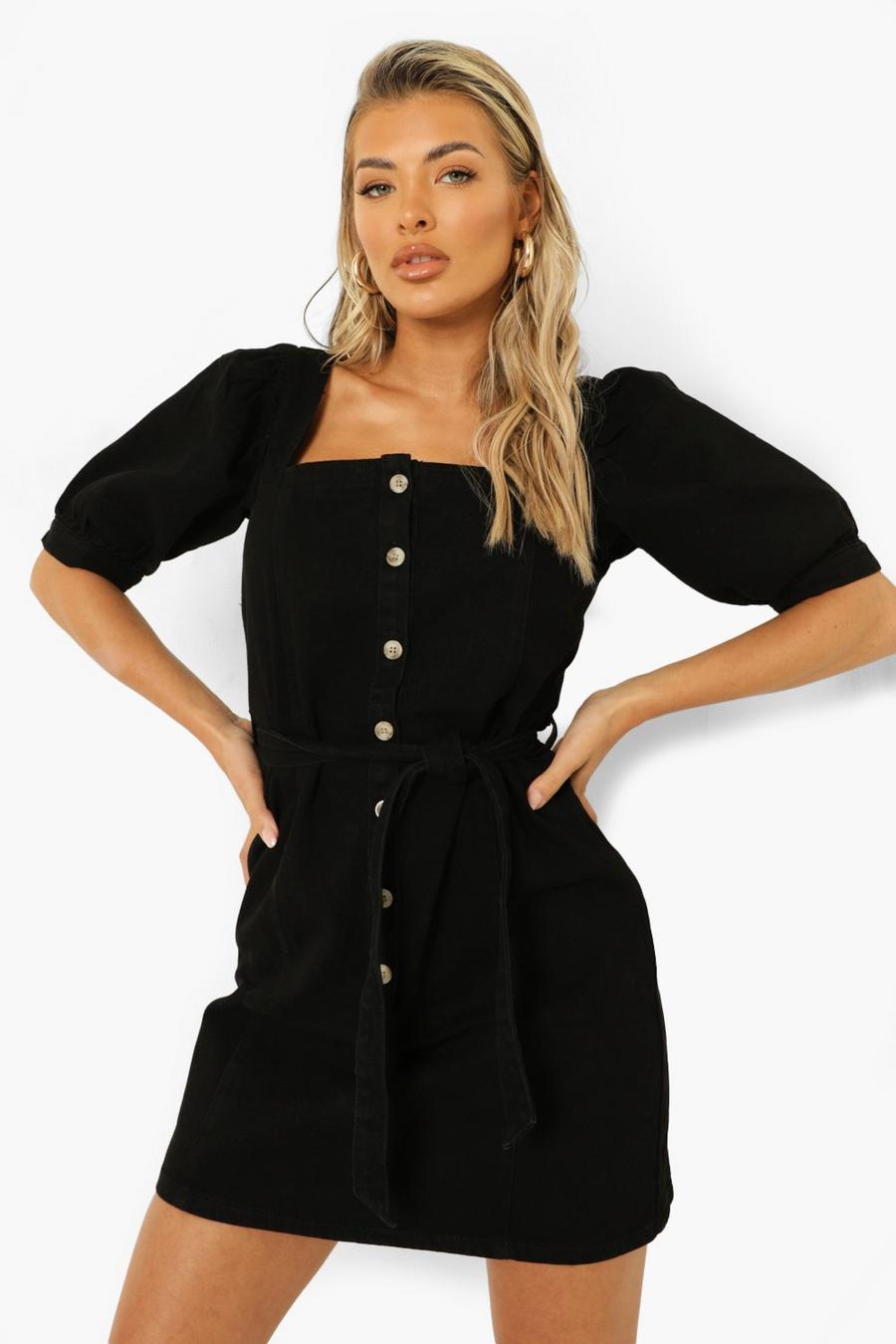 Black Denim Button Down Puff Sleeve Belted Dress image number 1