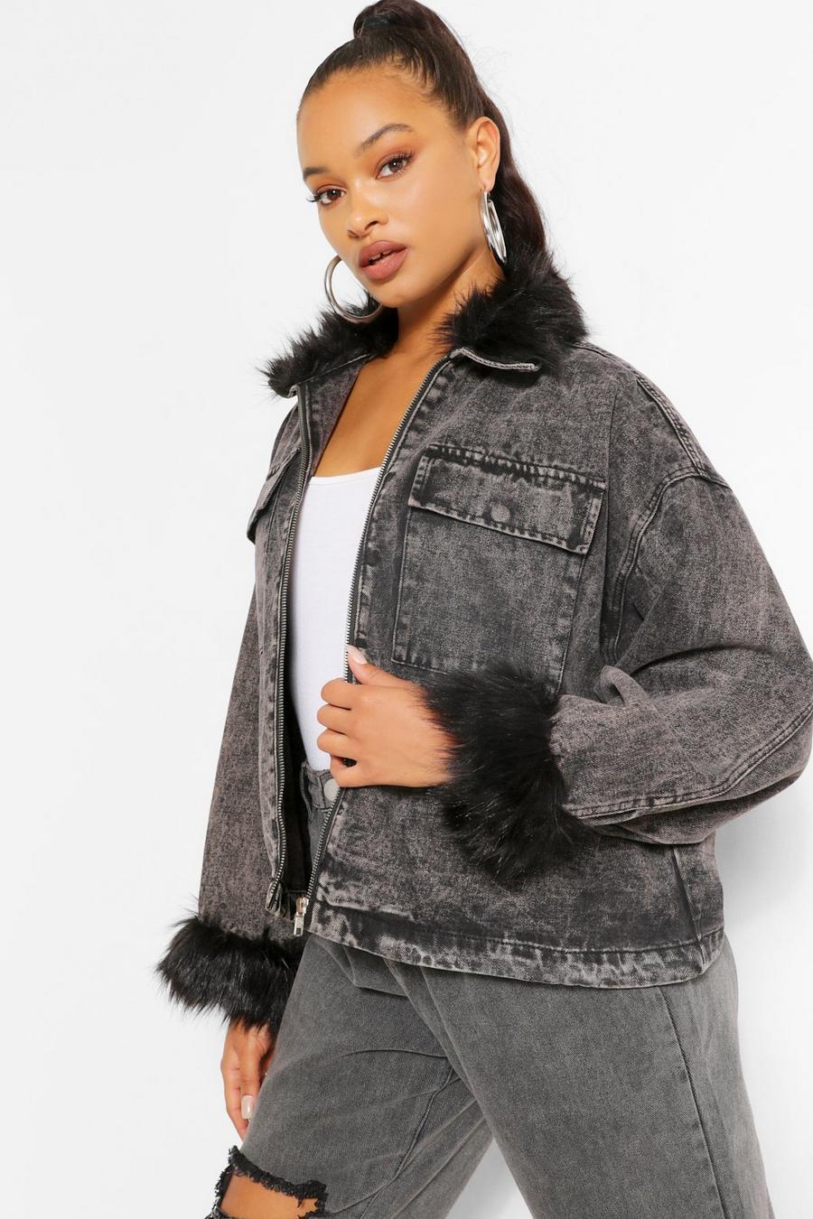 Washed black Faux Fur Collar And Cuff Denim Shacket image number 1