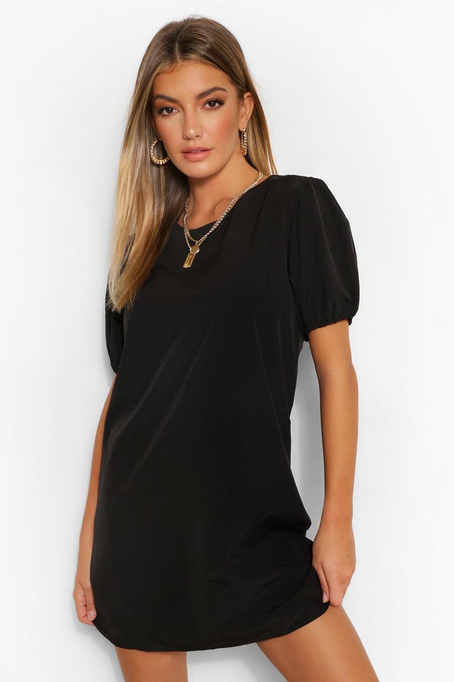 Black Woven Puff Sleeve Shift Dress image number 1