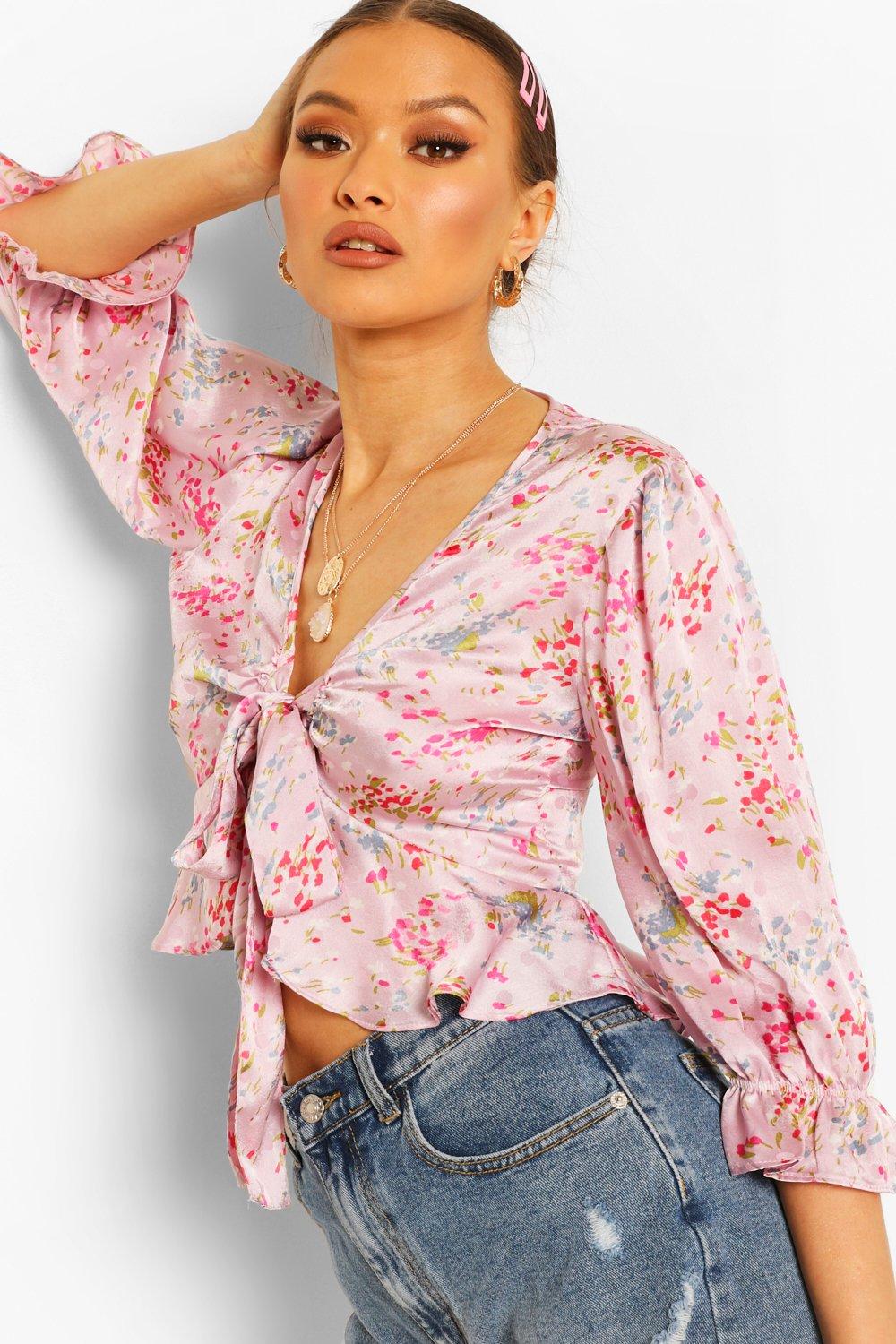SATIN FLORAL TIE FRONT BLOUSE | boohoo