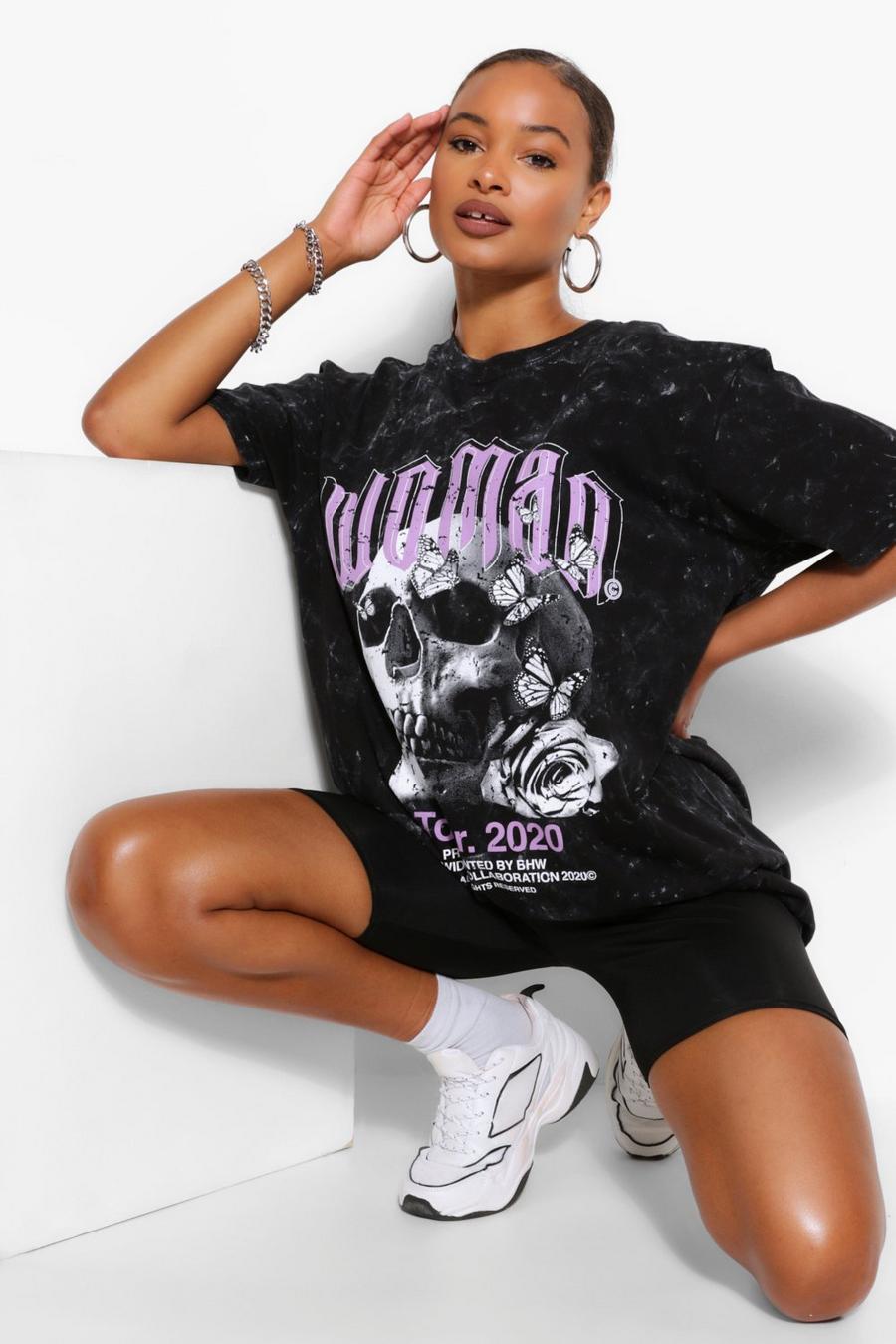 Charcoal Acid Wash Woman Skull Print Oversized T-Shirt image number 1
