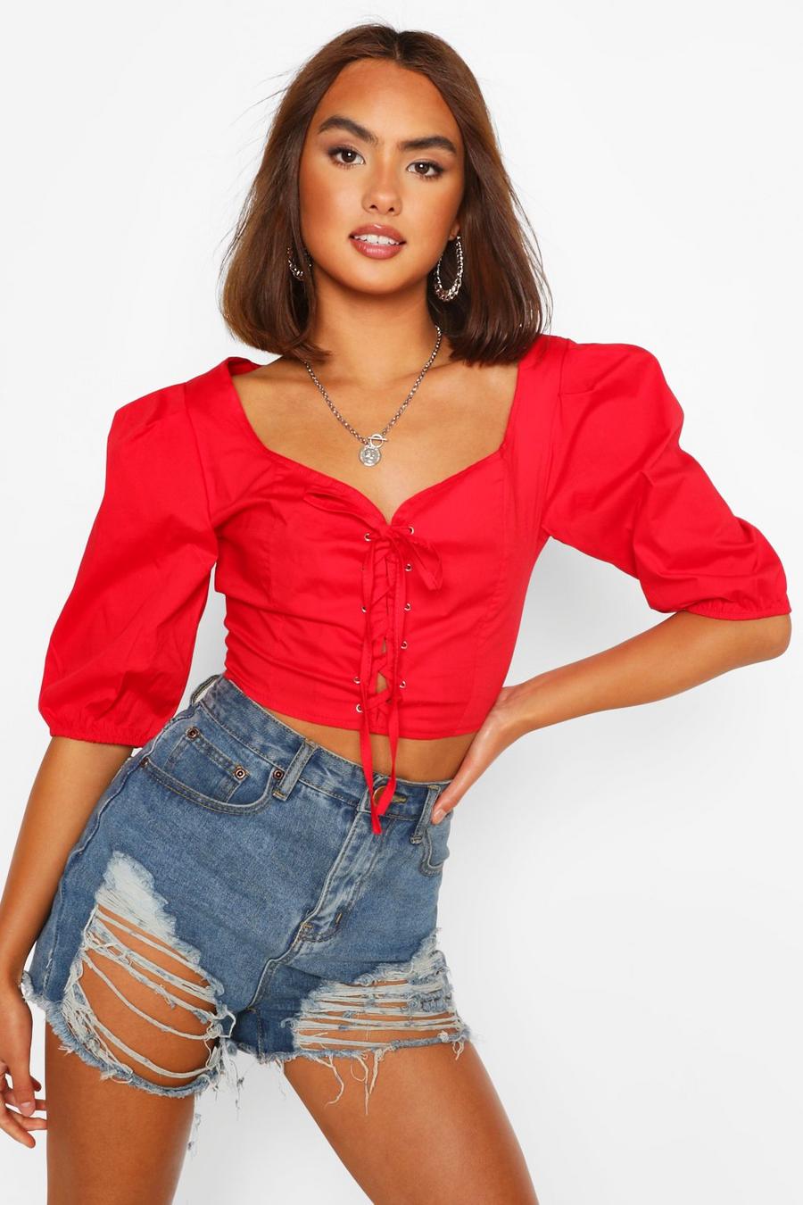 Cotton lace up crop top image number 1