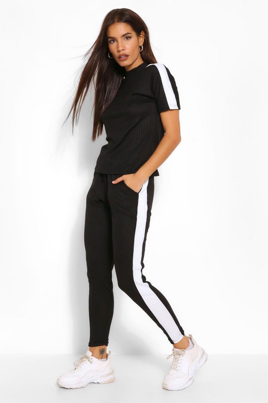 Conjunto de pantalón corto y camiseta recta de gasa con línea lateral, Negro image number 1