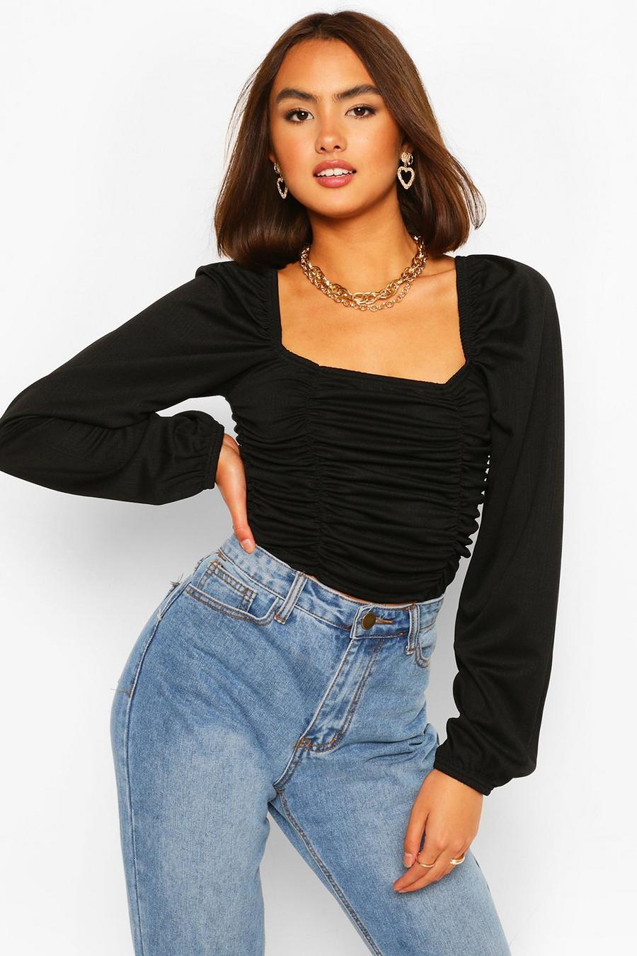 Black RUCHED FRONT LONG SLEEVE TOP image number 1
