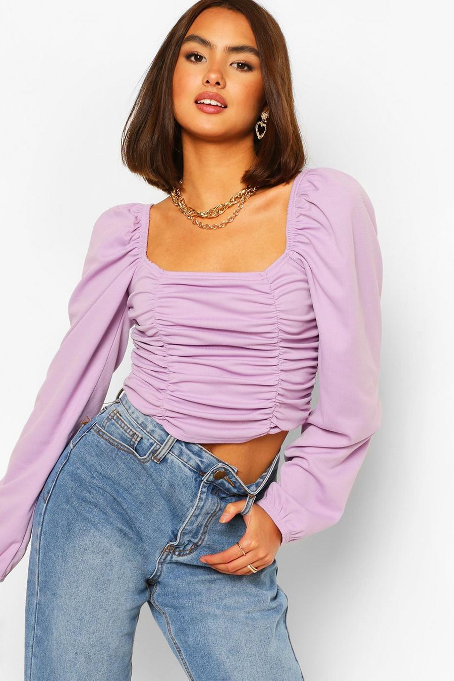 Lilac RUCHED FRONT LONG SLEEVE TOP image number 1